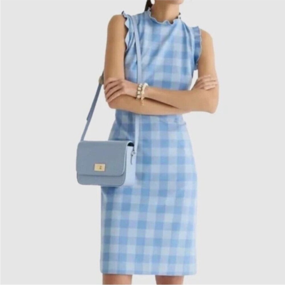 J. Crew Ruffle Trim sheath dress in gingham stretch crepe BP647 Size 6 baby blue